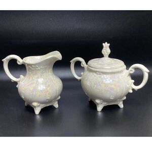 Vintage Loma Pottery Cream Ceramic Porcelain Lidded Sugar Bowl And Cream Cup